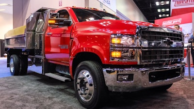 Chevrolet pulled off a surprise reveal of the 2019 Silverado 6500HD at NTEA The Work Truck Show, seen here with dump-body upfit. Industry had been expecting just the 4500HD and 5500HD.