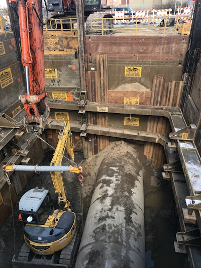 Because of the flexibility of of the slide rail system, Shelly & Sands was able to make “on-the-fly” design changes to the shoring system when the 96-in. existing storm sewer was not in the exact location indicated in the site plan.