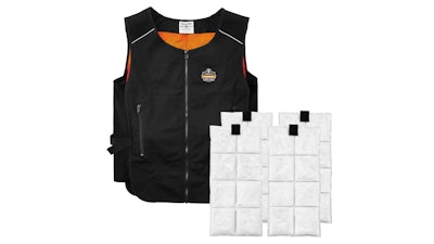 Machine-washable poly/cotton vest has internal pockets to hold four replaceable freezer packs with about two hours of cooling time.