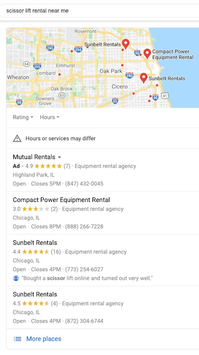 Google My Business accounts are required to have you appear in local searches like this one for 'scissor lift rental near me.'