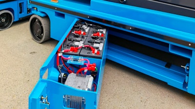 A Sinoboom scissor lift fitted with Discover batteries as standard