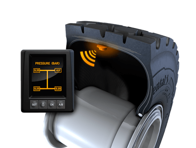 ContiPressureCheck features a sensor embedded in the tire to monitor tire performance and issues alerts on an in-cab display.