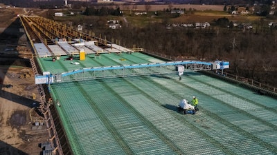 The TyBot rebar tying robot can be deployed to work on any horizontal reinforcing steel installation project that has screed rails in place.