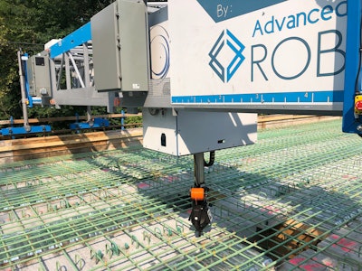 The TyBot rebar tying robot can tie up to 1,000 intersections an hour using autonomous navigation of its working area.