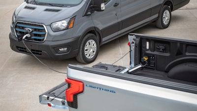 When connected to an F-150 Lightning or F-150 PowerBoost Hybrid with the optional 9.6 or 7.2 kilowatt Pro Power Onboard, the Ford Mobile Power Cord charger can deliver Level-2 charging that’s estimated to add an average range of 10 miles per charging hour to a Ford E-Transit low-roof cargo van.