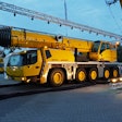 The five-axle GMK5150XL all-terrain crane features 66 meters of main boom for extended reach, as well as heavy-duty counterweight.