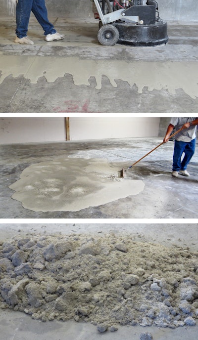 Pictured at the top, wet concrete grinding produces slurry. Pictured in the middle, apply the slurry solidifier over the slurry and sweep the remains into a pile. At the bottom, solidified concrete slurry ready for disposal.