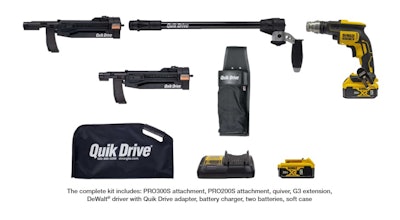 Designed for deck, subfloor, sheathing and underlayment installations, the Quik Drive PROCCS+ Multi-Purpose Combo System is a complete auto-feed screw driving system with two Quik Drive attachments.
