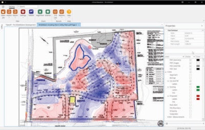 The contours are selectable objects and can be used to define subgrades, site boundaries, stripping regions, etc.