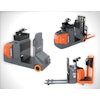 The new electric forklift models include a Side-Entry End Rider, a Center Rider Stacker and an Industrial Tow Tractor.