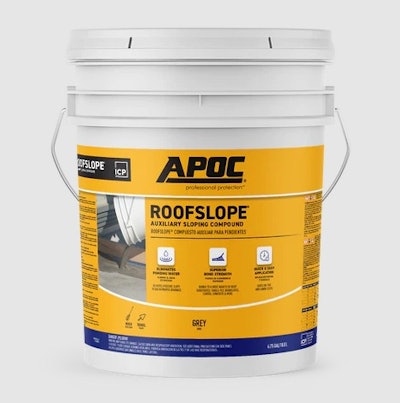 The rebranded APOC RoofSlope is an auxiliary sloping compound that provides a way to fill in low spots on flat roofs and achieve positive slope to aid in proper drainage.
