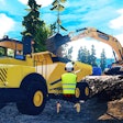 Three users , each operating a hauler, an excavator, and an avatar, collaborating in the same exercise.
