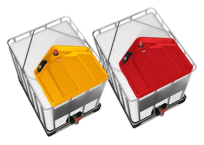 The Falcon IBC Funnel, measuring approximately 31 x 29 x 7 in. with a four-gallon capacity, is engineered from chemically resistant polyethylene (PE) for durability and safety when handling various substances.