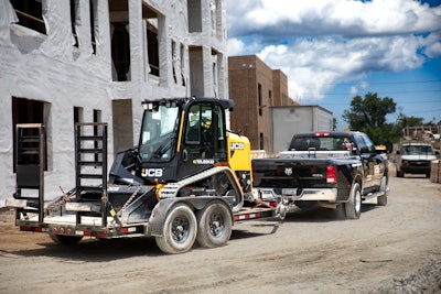 JCB's 3TS-8T Teleskid combines the versatility of a skid steer or compact track loader with the telescopic JCB Powerboom and SAE/ISO standard quick hitch.