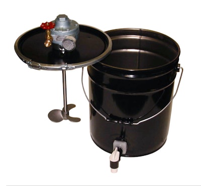 A 0.75-hp air motor equipped with a control valve allows the unit to operate from 0 to 3,000 rpm, while a 0.5-in. stainless steel shaft fitted with 5-in. diameter impellers thoroughly mix a variety of materials.