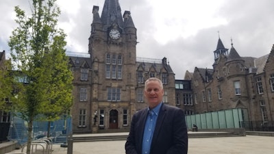 Professor Rick Geddes, Academic Director and Founder of the Cornell Program in Infrastructure Policy stands before the Edinburgh Futures Institute at Edinburgh University in Scotland, where he was collaborating with the Centre on Future Infrastructure on research regarding hydrogen hubs for vehicles in June, 2024.