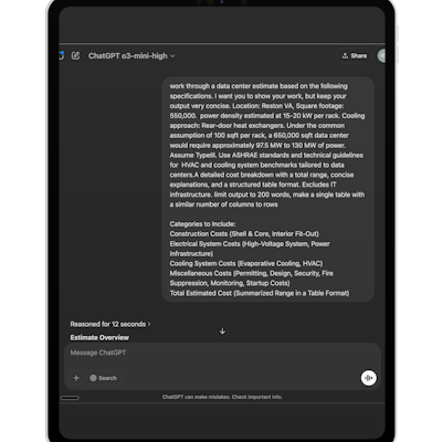 Example of prompting ChatGPT without reference materials guiding the output. Information includes square footage, power consumption, direction on size and type of response (output), plus a note as to which guidelines/codes to follow. The prompt asks for a calculation of costs for plus a summarized total estimation in a table.