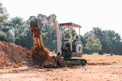 Takeuchi’s TB20e electric excavator, pictured here in its canopy configuration, will be on display in a new cab configuration at bauma 2025.