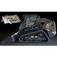 Black tracked skid steer loader with Metallica-themed custom graphics and design