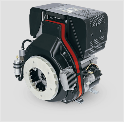 According to Hatz, compared to the conventional design of typical engine/generator unit, the flywheel-integrated permanent magnet design reduces the size by 12.4 in and the weight by 37.5 lb. The contactless PMG system has a high degree of efficiency at over 85 percent.