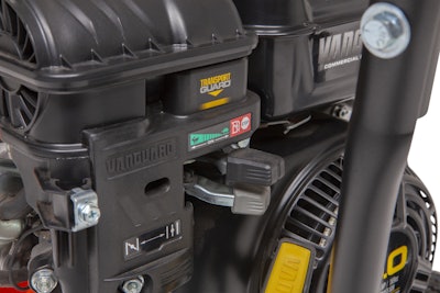The TransportGuard system, available on Vanguard single-cylinder engines, features a 3-in-1 control lever that integrates the fuel and ignition shutoffs into a single action.