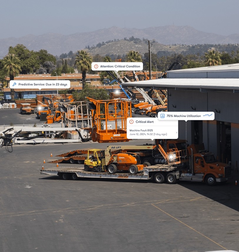 Equipment returning to the equipment rental depot for service and redeployment.