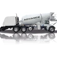 White Advance concrete mixer truck with multiple axles on reflective surface