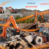 Hitachi construction equipment excavating rocky terrain with orange machinery