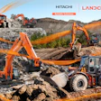 Hitachi construction equipment excavating rocky terrain with orange machinery