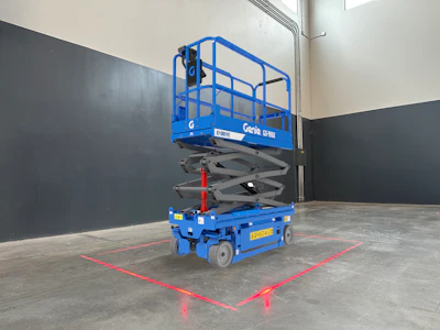 Available for several models of the GS scissor lift line, Lift Guard Zone Lighting casts a red laser light on the ground 2 ft from the edge of the lift's chassis.