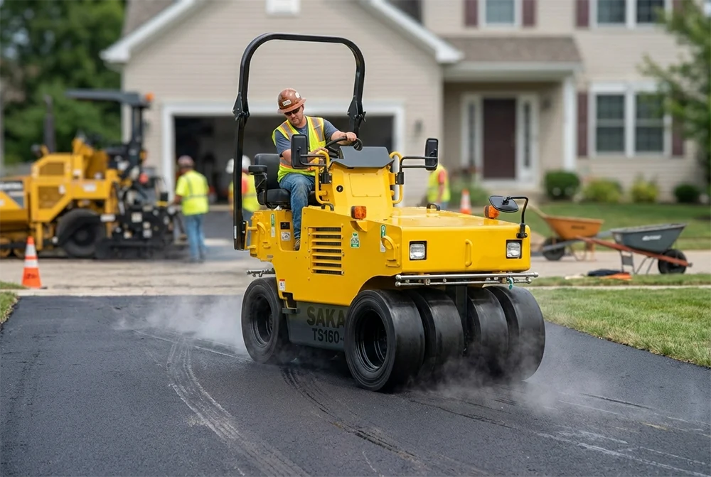 Sakai Ts160 4 Pneumatic Tire Roller Driveway Paving Scene