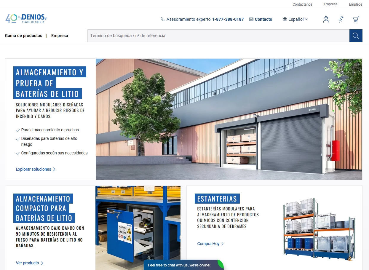 DENIOS industrial storage and battery testing solutions website homepage with product showcase