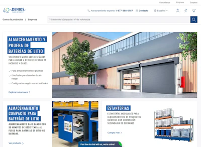DENIOS industrial storage and battery testing solutions website homepage with product showcase