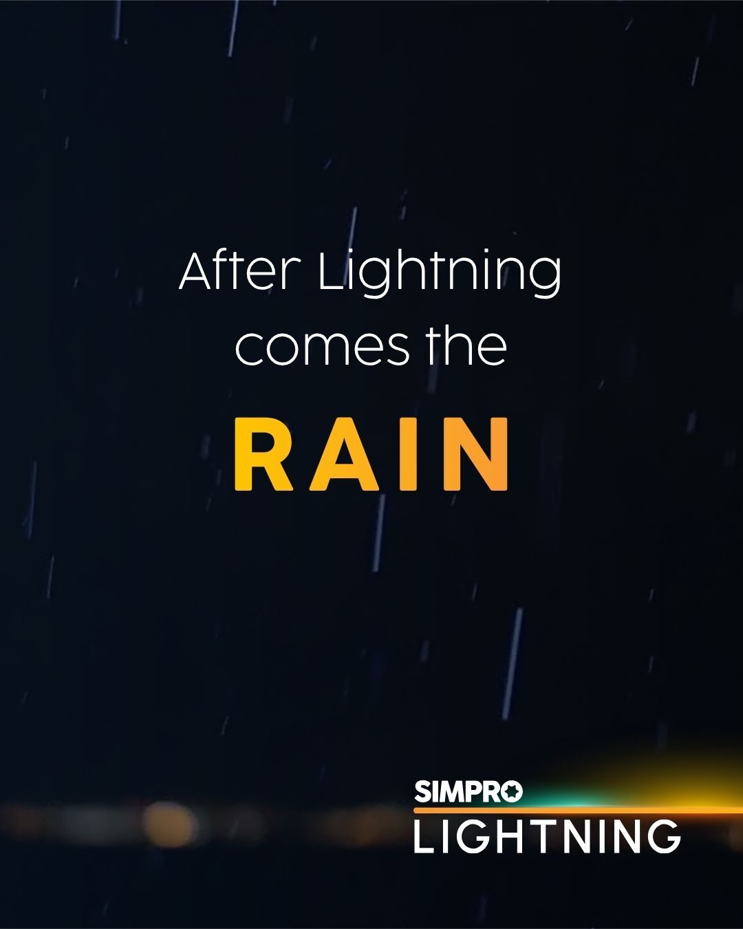 SIMPRO Lightning logo with motivational quote about lightning and rain on stormy background