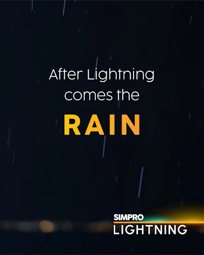 SIMPRO Lightning logo with motivational quote about lightning and rain on stormy background