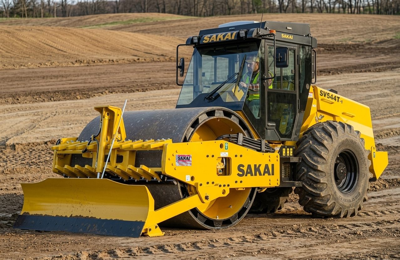 The pictured SV544-1 variant is a padfoot model (SV544T-1) with the following factory-installed optional equipment: bolt-through design smooth shell kit, enclosed cab, and hydraulic leveling blade.