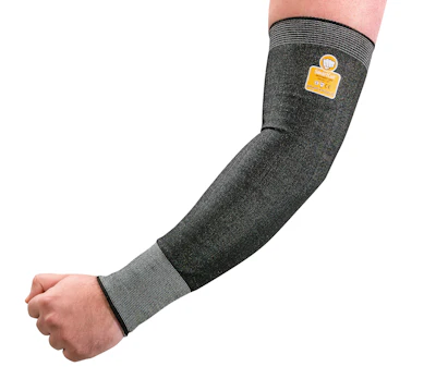 Gray compression arm sleeve with yellow brand badge on upper arm