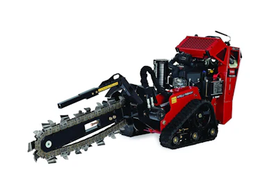 Red and black Ditch Witch walk-behind trencher with articulating boom and tracked chassis on white background