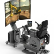CAT heavy equipment simulator with multi-screen display showing excavator operation training environment