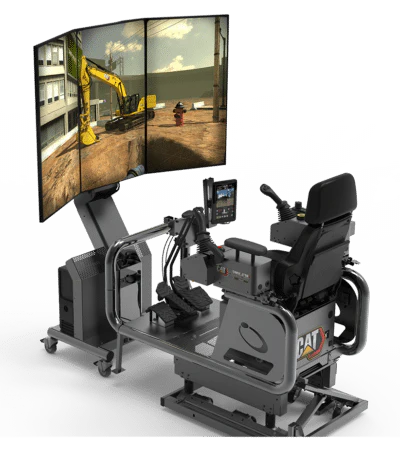 CAT heavy equipment simulator with multi-screen display showing excavator operation training environment