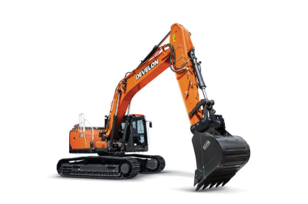 Orange Doosan excavator with hydraulic bucket arm on tracked base against white background