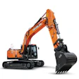 Orange Doosan excavator with hydraulic bucket arm on tracked base against white background