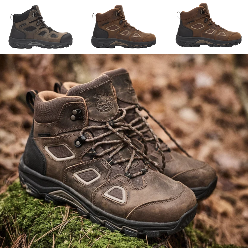 Three brown and black hiking boots with lace-up design and cushioned soles displayed in product view and outdoor terrain setting