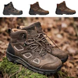 Three brown and black hiking boots with lace-up design and cushioned soles displayed in product view and outdoor terrain setting