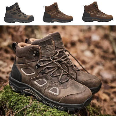 Three brown and black hiking boots with lace-up design and cushioned soles displayed in product view and outdoor terrain setting