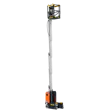 Orange and black vertical mast lift with extended boom platform for aerial work access