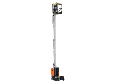 Orange and black vertical mast lift with extended boom platform for aerial work access