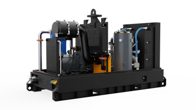 Industrial air compressor system with dual tanks, motors, and piping on black base frame