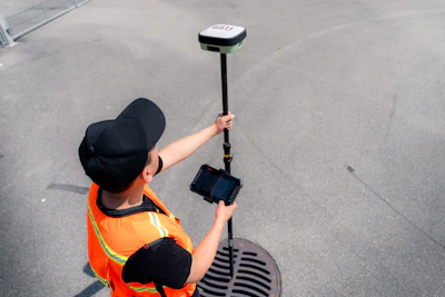 Worker in orange safety vest holding GNSS surveying equipment on asphalt surface