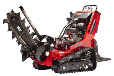 Red and black tracked snow blower with elevated chute and gas engine